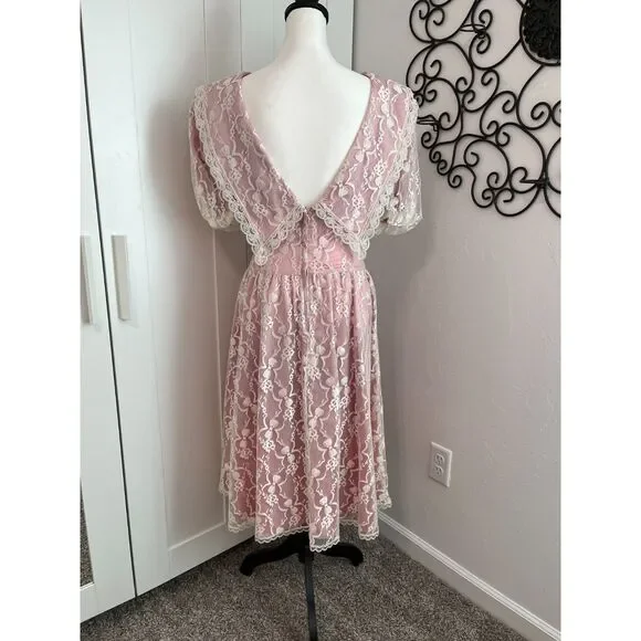 Vintage Gunne Sax Pink Lace & Satin Prairie Dress | Puff Sleeves - Picture 4 of 13